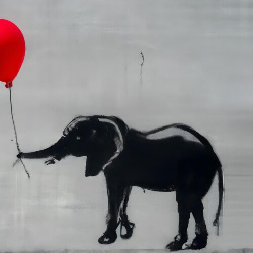 BANKSY STYLE  — Słoń z Czerwonym Balonem | Street Art Graffiti Poster