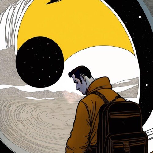 Kosmiczny Podróżnik – Plakat Cyfrowy Pen & Ink | Surreal Space Art