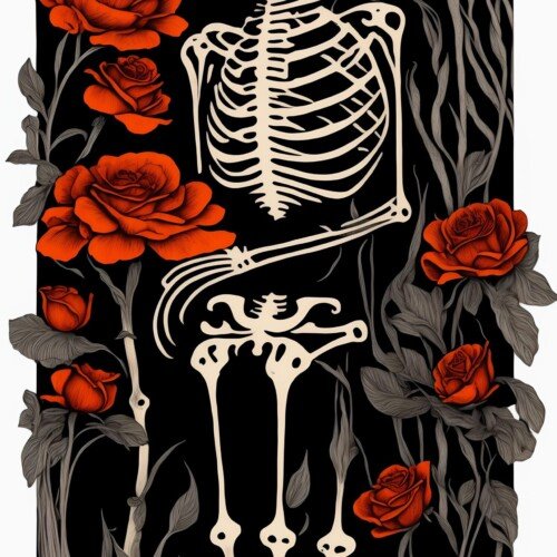 Szkielet i Róże – Plakat Cyfrowy Pen & Ink | Dark Art, Gotycka Sztuka