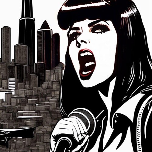 Rockowa Wokalistka – Plakat Cyfrowy Pen & Ink | Muzyka, Miasto, Pop Art Noir