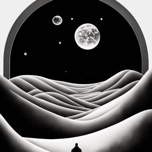 Kosmiczny Krajobraz – Plakat Cyfrowy Pen & Ink | Minimalistyczny Space Art