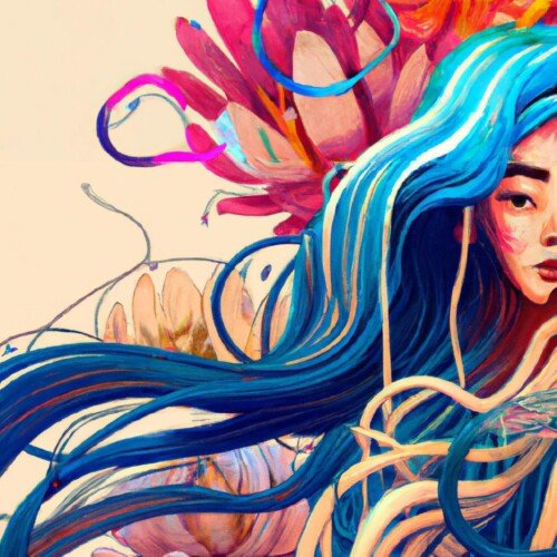 Artystyczny Portret Kobiety z Kwiatami i Niebieskimi Włosami | Magic Botanical Fantasy Art