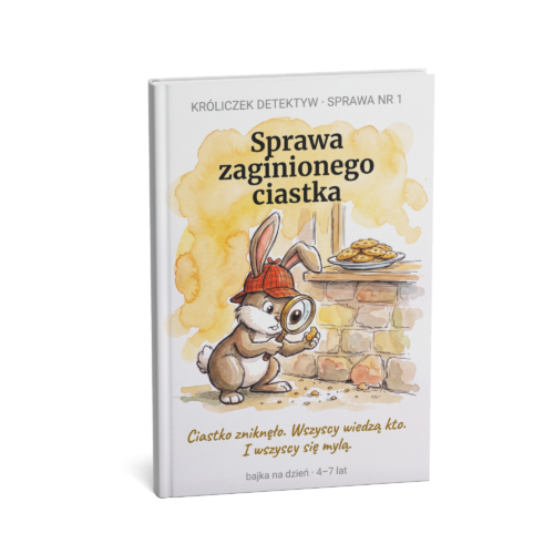 bajka o śladach zwierząt — Króliczek Detektyw z lupą przy ścieżce okruchów