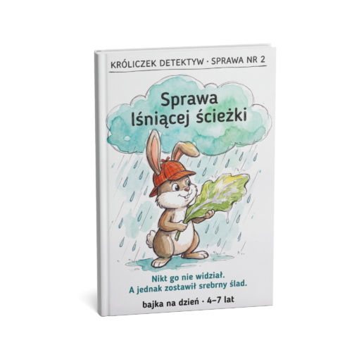 bajka o ślimaku dla dzieci — Króliczek Detektyw ogląda liść sałaty ze srebrnym śladem