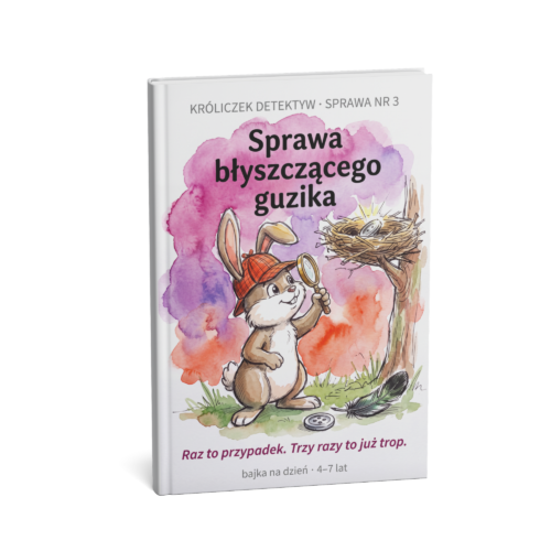 bajka o sroce dla dzieci — Króliczek Detektyw patrzy na gniazdo z błyszczącym guzikiem